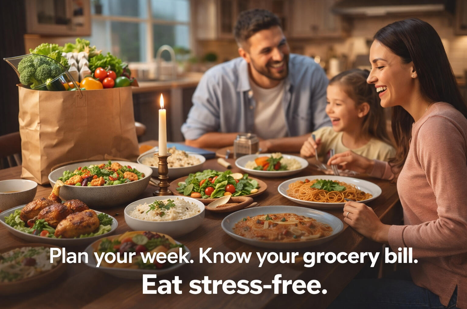 Family enjoying a home-cooked dinner planned with BudgetBite